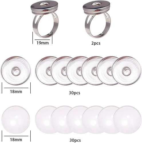 Miniatura 5 de SUNNYCLUE 1 caja de 62 anillos de dedo de botón, 2 componentes ajustables con 30 ajustes de cabujón de botón a presión, 30 piezas de bandeja