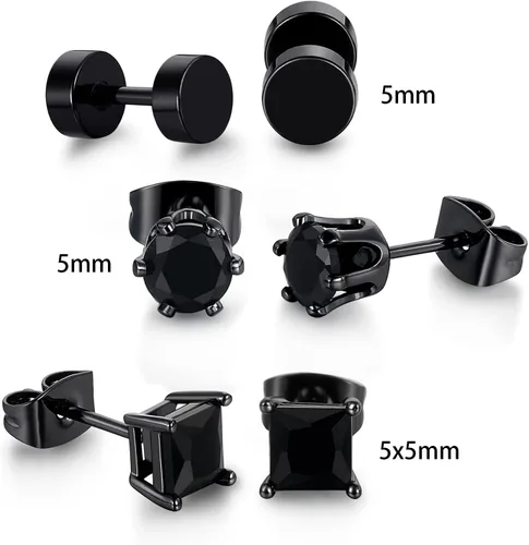 Miniatura 2 de 3 pares de aretes hipoalergénicos de circonita cúbica negra para hombres y mujeres, chapados en oro, cuadrados y redondos, aretes para orejas