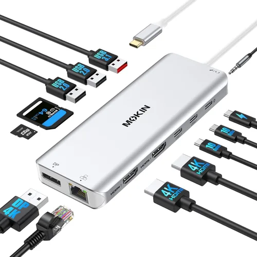 Miniatura 7 de Estación de acoplamiento, adaptador USB C, adaptador multipuerto de pantalla triple 9 en 1 con 2 HDMI 4K, DisplayPort, 3 USB, 100 W PD, lector