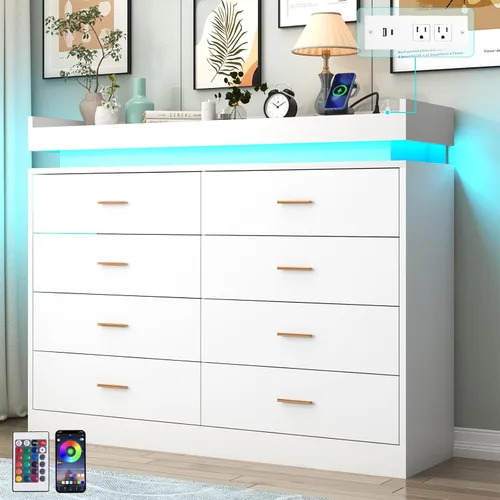 Miniatura 16 de Hlivelood Cómoda de 8 cajones con luz LED y estación de carga, cómoda moderna para armario, armario organizador de cajones anchos para dormitorio