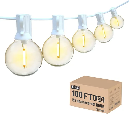 Achin - Cadena de luces para exteriores de 100 pies G40 Globo de patio, luces LED impermeables al aire libre con 50+2 bombillas LED irrompibles de
