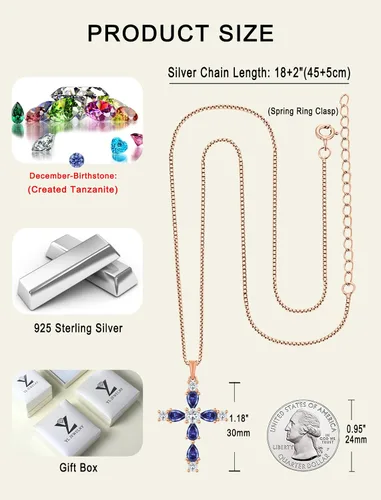 Miniatura 163 de YL Collar de cruz de plata de ley 925 con colgante de piedra natal religiosa para mujer