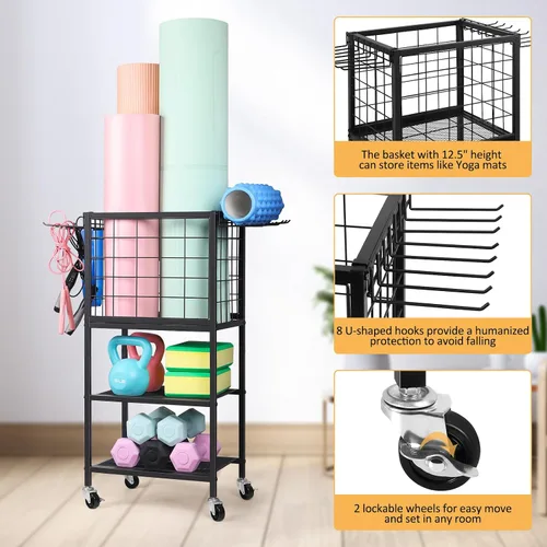 Miniatura 5 de ETELI Estante de almacenamiento para esterilla de yoga, gimnasio en casa, equipo de entrenamiento, carrito de almacenamiento con ruedas de ganchos