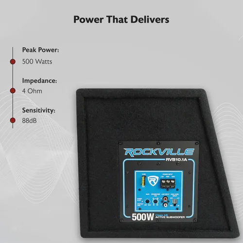Miniatura 5 de Rockville RVB10.1A Subwoofer activo para automóvil de 10 pulgadas y 500 W con gabinete, amplificador de clase AB integrado, refuerzo de graves