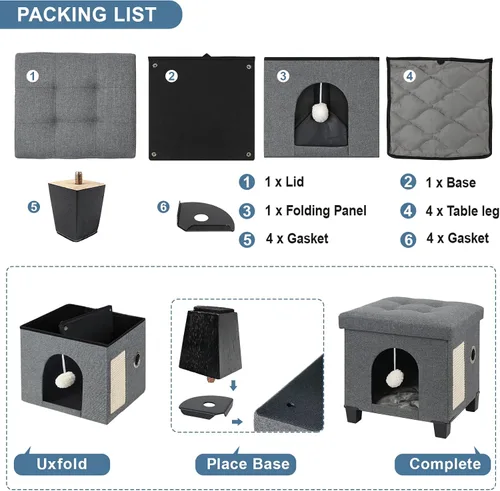 Miniatura 4 de BRIAN & DANY Casa plegable para gatos, cueva para gatos, cubo para gatos con tablero de rascar y bola, 14.7 x 14.1 x 12.7 pulgadas, gris