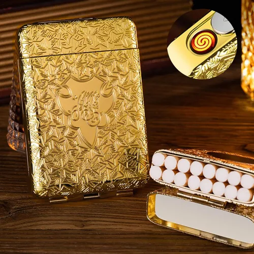 Miniatura 5 de Caja de cigarrillos de metal con encendedor de tamaño King, paquete portátil de 16 piezas de cigarrillos regulares, encendedores USB, caja