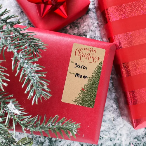 Miniatura 5 de Etiquetas de regalo con árbol de Navidad y cardenal rojo – Etiquetas autoadhesivas para envolver regalos navideños sobre fondo kraft – 42 etiquetas