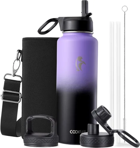 Miniatura 46 de Coolflask Botella de agua de 20 onzas aislada con pajilla, 3 tapas de metal de acero inoxidable, botella de agua de boca ancha para deportes u