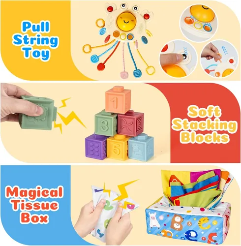 Miniatura 3 de Juguetes Montessori 6 en 1 para bebés recién nacidos, bloque de apilamiento suave, anillo de formas de aprendizaje sensorial para bebés, recipiente