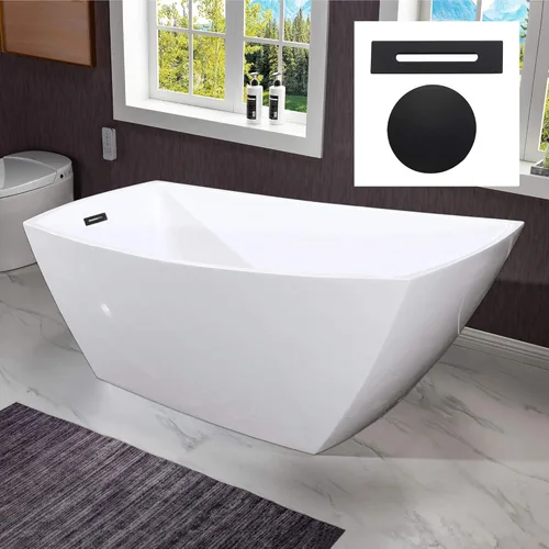WOODBRIDGE Bañera de remojo acílica blanca independiente de 67 "con desagüe y desbordamiento negro mate blanco/negro mate