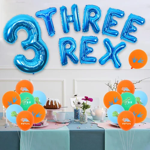 Miniatura 2 de Decoraciones de cumpleaños de dinosaurios 3D para niños, globo de aluminio azul con el número 3, pancarta de globos Rex 3 para fiesta de cumpleaños