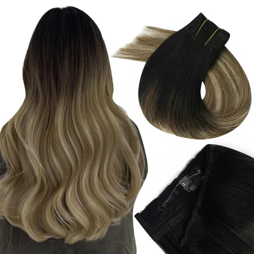 Miniatura 45 de Easyouth Extensión de cabello humano rubio con cola de caballo, extensiones de cabello humano rubio dorado con reflejos rubios, extensiones