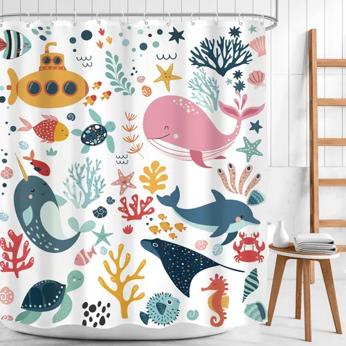 Miniatura 2 de Cortina de ducha para niños, océano, verano, linda ballena de dibujos animados, divertida decoración de baño para guardería, niños y niñas