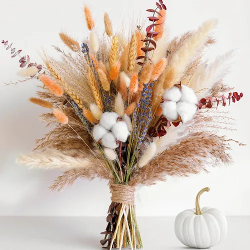 Ramo de flores secas de otoño, decoración de otoño bohemia con hierba de pampas, algodón y colas de conejo naranja, arreglo floral de otoño para el