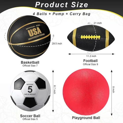 Miniatura 2 de Lenwen Juego de 4 pelotas deportivas, incluye tamaño oficial de baloncesto, fútbol, fútbol, parque infantil, bolsa de equipamiento