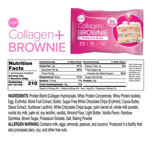 Miniatura 4 de 321glo Brownie de proteína de colágeno, sin gluten, bajo en azúcar, aperitivo keto para mujeres, hombres y niños, 0.66 onzas de proteína, 0.26 onzas