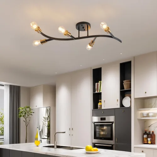 Miniatura 6 de Lámpara de Techo Sputnik Moderna de Montaje Semiempotrado, Color Negro y Dorado, 5 Luces Candelabro Sputnik de Mediados de Siglo para Comedor, 5