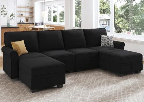 Miniatura 5 de HONBAY - Sofá seccional con asiento de almacenamiento de terciopelo, en forma de U, con tumbona reversible, sofá seccional convertible para sala