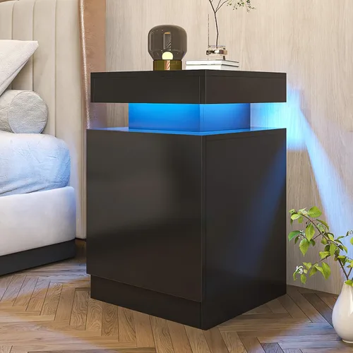 Miniatura 3 de oneinmil Juego de 2 mesitas de noche con luces LED, mesita de noche con armario de almacenamiento para dormitorio, mesita de noche con LED