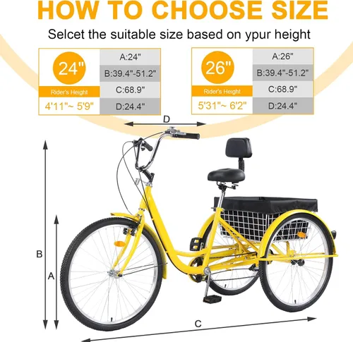 Miniatura 6 de Triciclo para adultos, triciclos para adultos de 24/26 pulgadas, bicicleta de crucero de 3 ruedas con cesta grande y asiento ajustable, triciclos