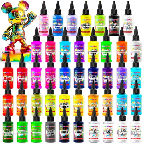 Pintura de aerógrafo, 45 colores con 2 diluyentes, juego de pintura de aerógrafo, colores fluorescentes, arcoíris y metálicos, pinturas de pincel de