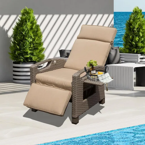 Domi - Silla reclinable para exteriores, sillón reclinable de patio con mimbre tejido a mano, mesa abatible con respaldo de empuje, ángulo
