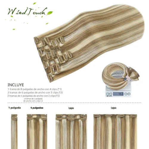 Miniatura 3 de WindTouch - Extensiones de cabello humano Remy con pinzas, color rubio decolorado combinado con balayage, para cabello rubio, 2.47 onzas, N.°