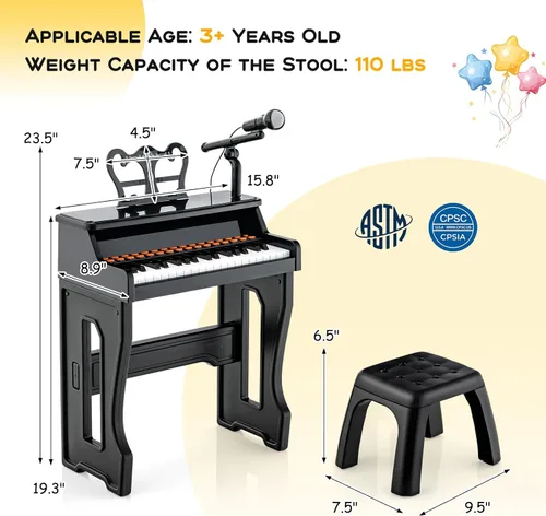Miniatura 3 de HONEY JOY Piano para niños, piano de teclado negro de 37 teclas para niños con soporte de música y banco, regalo para bebés con micrófono