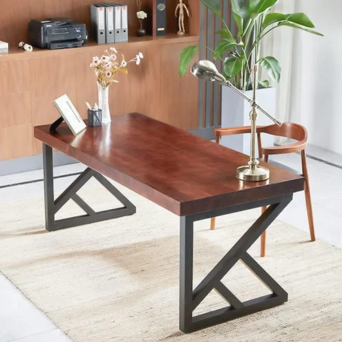 Miniatura 2 de Mesa industrial moderna de madera maciza, escritorio de computadora para oficina en casa, escritorio de estudio con soporte de metal y panel