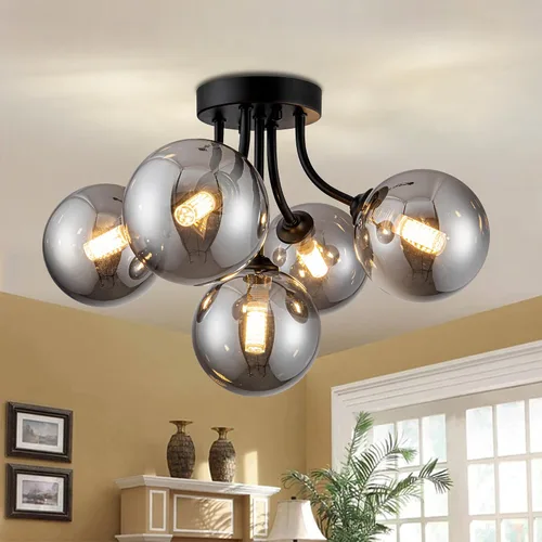 Miniatura 11 de Lámpara de techo Sputnik negra montaje semiempotrado lámpara de techo de 5 luces con globo blanco lechoso moderna lámpara de araña Sputnik