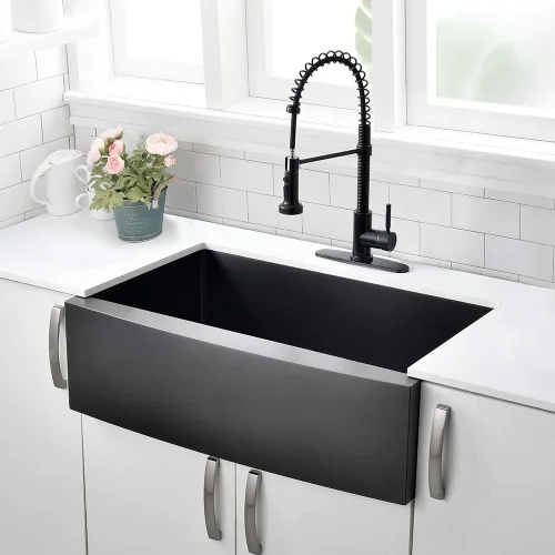 Miniatura 8 de Fregadero de cocina negro de 30 pulgadas con delantal frontal de 30 x 22 pulgadas, acero inoxidable, calibre 16, fregadero frontal curvado
