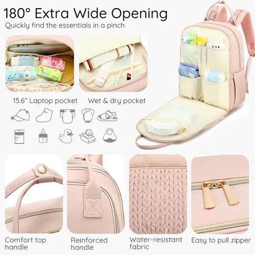 Miniatura 4 de Mochila para pañales, grande, multifuncional, para niños, niñas y bebés, bolsa esencial de viaje con cambiador, bolsillos aislados, correas para Rosa