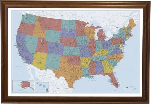 Miniatura 25 de Push Pin Travel Maps Lienzo personalizado Blue Oceans USA con marco gris de madera de granero