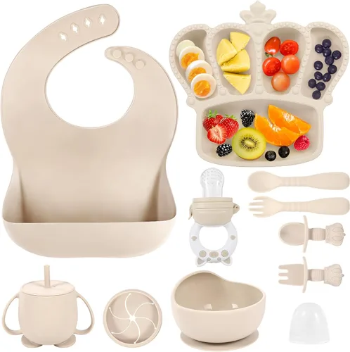 Juego de alimentación para bebés de silicona 10 piezas Suministros de destete con luz LED para bebés Cuenco con ventosa Plato dividido Baberos para