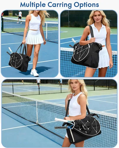 Miniatura 5 de Smasrob Bolsa de viaje de tenis para mujer con bolsillo exterior para raqueta con cordón y compartimento separado para zapatos, bolsas de fin