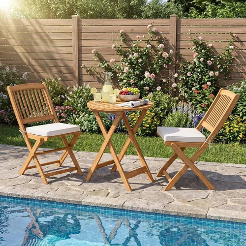 Miniatura 2 de Giantex Juego de 3 piezas de mesa plegable de madera, 2 sillas acolchadas para jardín, muebles de exterior mesa redonda (natural y beige)