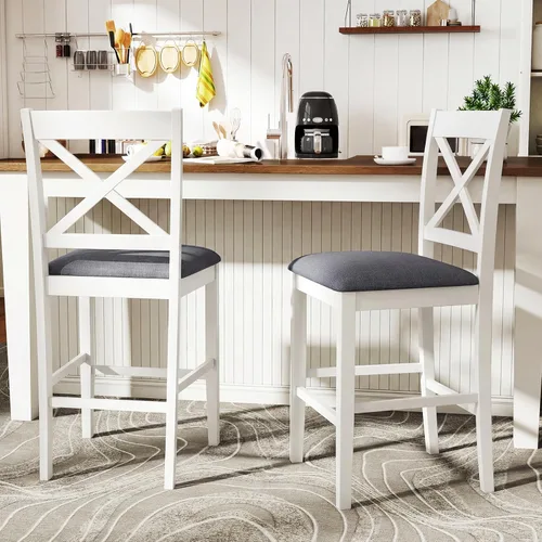 Miniatura 13 de Giantex 24" Bar Stools Set of 2, Farmhouse Counter Height Barstools w/Footrest, Cross Back, Comfortable Linen Cushion, Upholstered Wood Bar Chairs