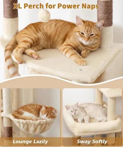 Miniatura 3 de PMT04BW - Árbol resistente para gatos de interior, torre para gatos de 74 pulgadas con poste rascador, cesta colgante, condominio para gatos