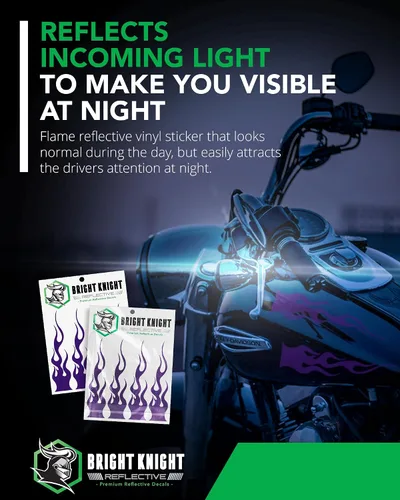 Miniatura 2 de Bright Knight Decals Calcomanías reflectantes de llama, juego de 4 calcomanías de llama morada para marco, casco de motocicleta, diseño de fuego