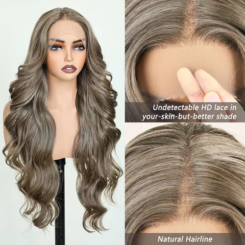 Miniatura 3 de FABELLE - Peluca de cabello sintético rubio ceniza con encaje frontal de 13 x 4 HD, sin pegamento, parte media ondulada de 30 pulgadas, para usar