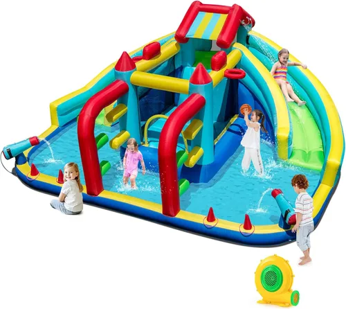 HONEY JOY Tobogán acuático inflable con soplador de 680 W, tobogán largo doble gigante/casa de rebote/pared de escalada/carrera de obstáculos, cañón