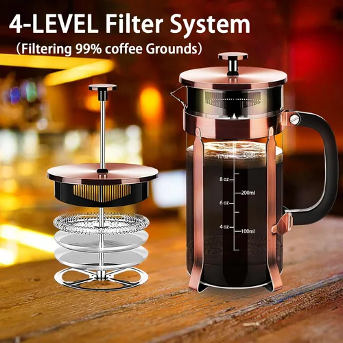 Miniatura 2 de YMMIND Cafetera de Prensa Francesa de Acero Inoxidable 304, Cafetera de Prensa Francesa con Sistema de 4 Filtros, Vidrio de Borosilicato Resistente