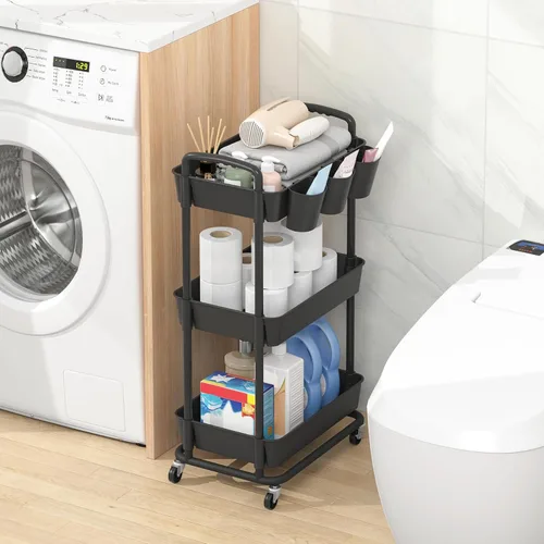 Miniatura 3 de JIUYOTREE - Carro utilitario de almacenamiento rodante de plástico de 3 niveles con tazas colgantes extra, mangos, ruedas con bloqueo para sala