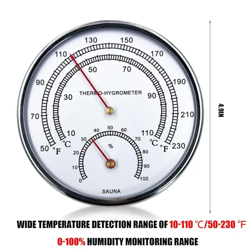 Miniatura 4 de Termómetro higrómetro de sauna Fahrenheit 2 en 1, accesorios grandes con borde plateado, esfera portátil de medición de temperatura y humedad