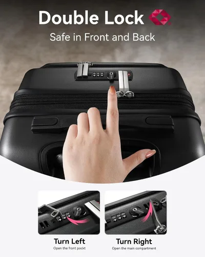 Miniatura 6 de LUGGEX Maleta de mano con bolsillo frontal, maleta rígida de policarbonato expandible con puerto USB, Negro -, Maleta de mano