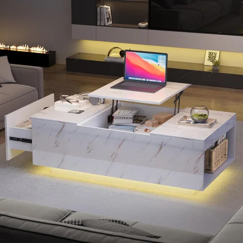 Miniatura 9 de Mesa de centro LED, mesas de centro elevables de 47.2 pulgadas con cajones y gran almacenamiento, mesa inteligente para sala de estar con carga