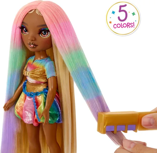 Miniatura 3 de Tiza para cabello y estilo Meline de Rainbow High – Muñeca de 11" arcoíris y dorada. Tiza para cabello lavable de arcoíris, color, estilo, juego