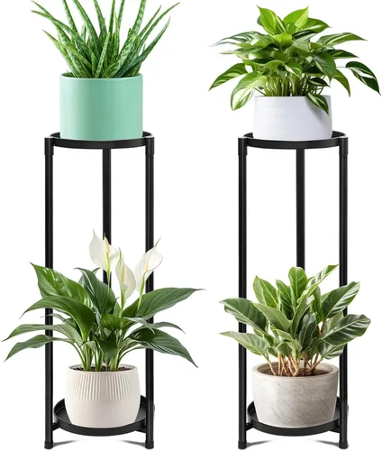 Soporte para plantas de 2 niveles para interiores, soporte alto escalonado de esquina negra para múltiples plantas al aire libre, soportes de metal