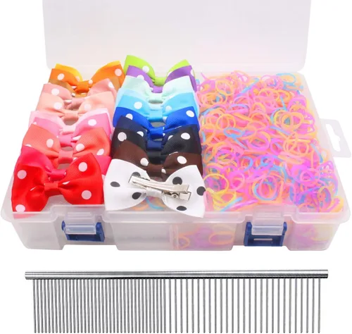 Miniatura 13 de YOY 20 adorables lazos para el pelo de perro con clips y 1000 bandas de goma y 1 peine de acero para peluquería, nudo superior de cachorro, moño
