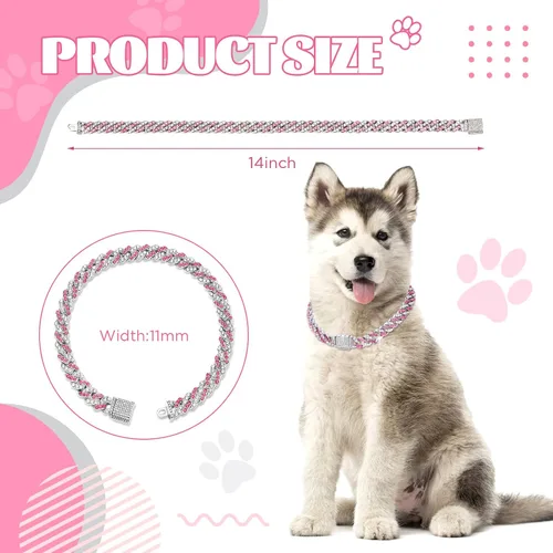 Miniatura 2 de Collar de cadena para perro con purpurina de 14 pulgadas, collares de perro de diamantes color rosa y plateado con diamantes, cadenas para perros